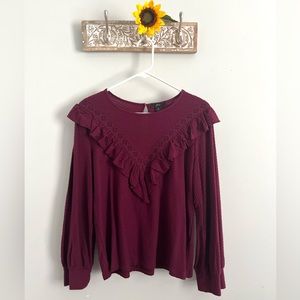 J. CREW Women’s Ruffle-trim honeycomb-knit cotton top-Burgundy color-Size Small